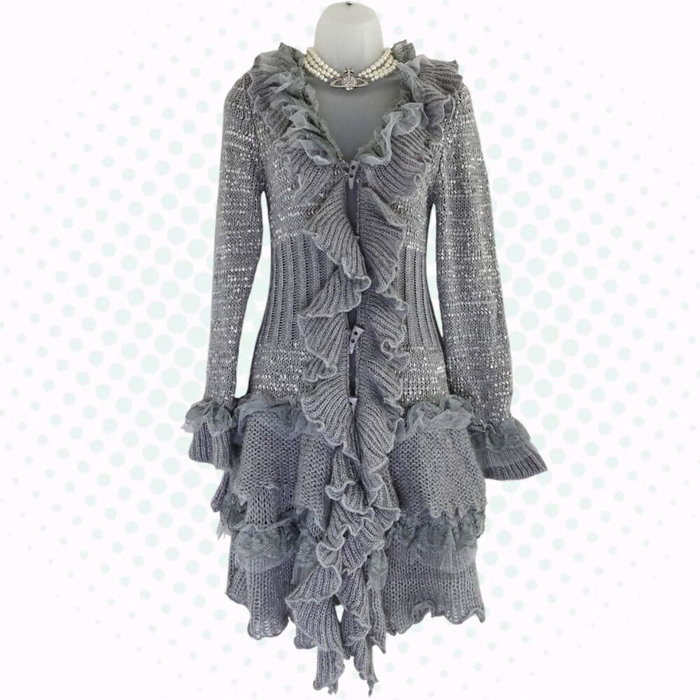 Y2K Style Gray Ruffle Front Lace Detail Button Up Duster Cardigan Size S